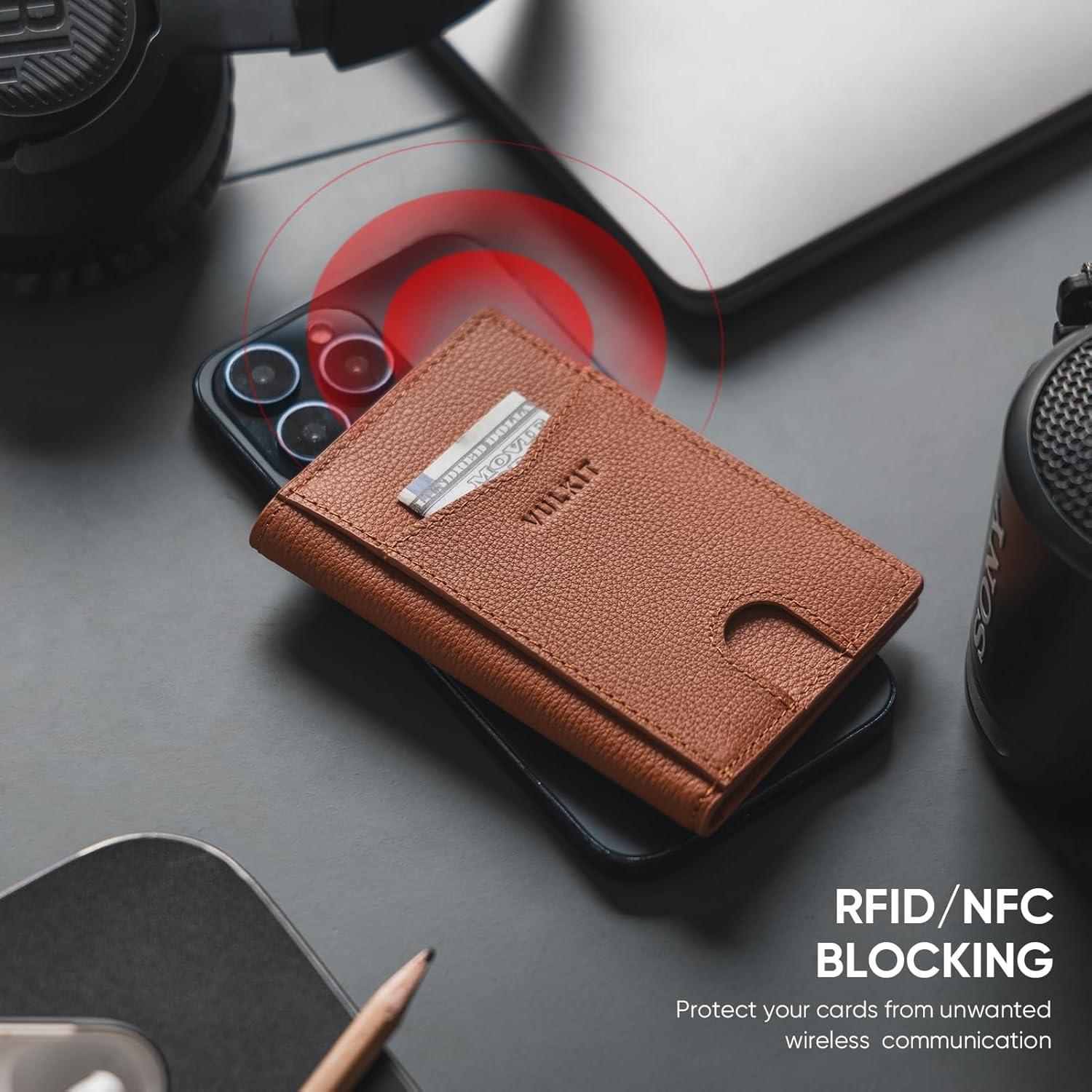 image:imageVULKIT Bifold Front Pocket Slim Wallet RFID Blocking Minimalist Thin Genuine Leather Credit Card Holder Wallet for Men and Women Litchi BlueGenuine Leather Litchi Brown