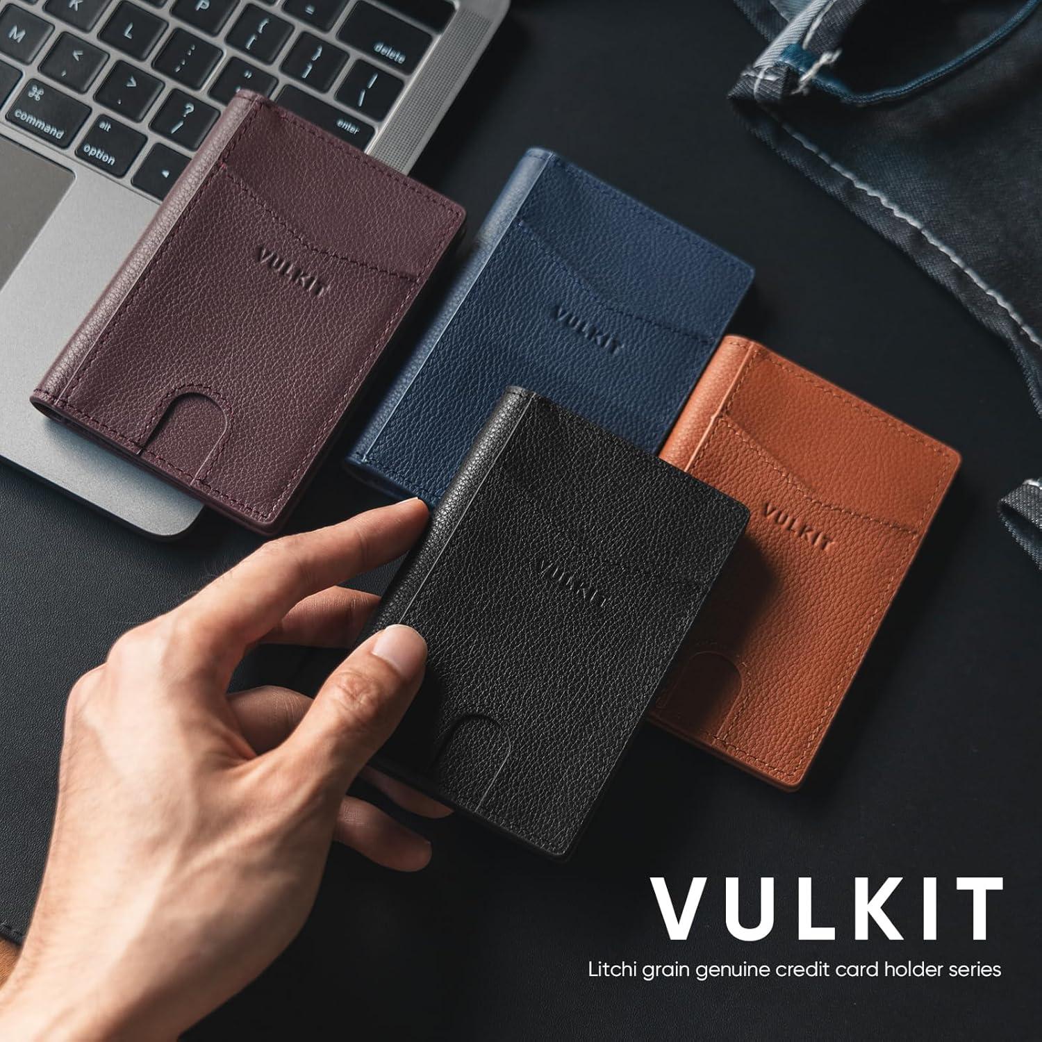 image:imageVULKIT Bifold Front Pocket Slim Wallet RFID Blocking Minimalist Thin Genuine Leather Credit Card Holder Wallet for Men and Women Litchi BlueGenuine Leather Litchi Blue