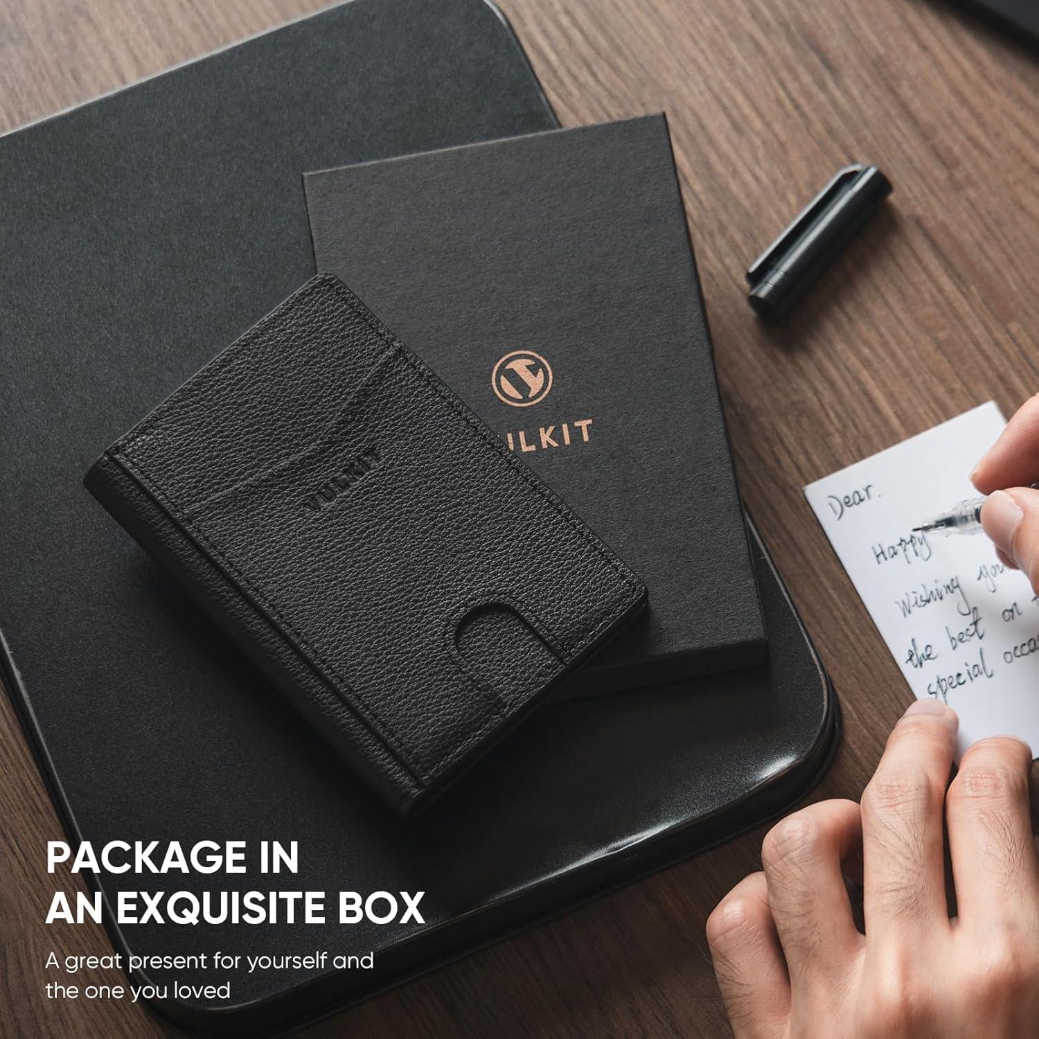 image:imageVULKIT Bifold Front Pocket Slim Wallet RFID Blocking Minimalist Thin Genuine Leather Credit Card Holder Wallet for Men and Women Litchi BlueGenuine Leather Litchi Black