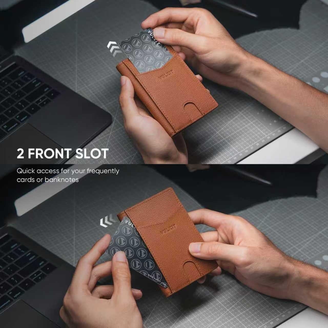 image:imageVULKIT Bifold Front Pocket Slim Wallet RFID Blocking Minimalist Thin Genuine Leather Credit Card Holder Wallet for Men and Women Litchi BlueGenuine Leather Litchi Brown