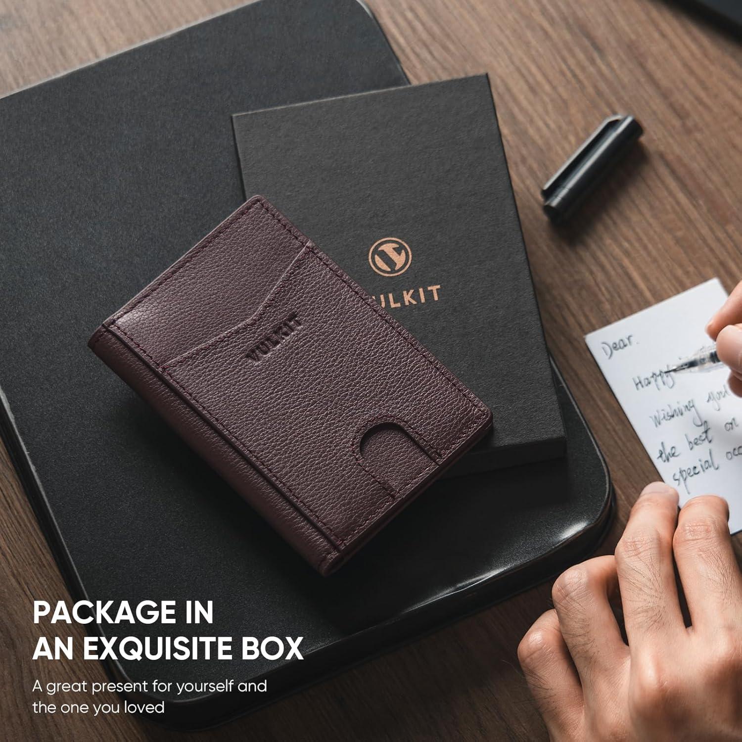 image:imageVULKIT Bifold Front Pocket Slim Wallet RFID Blocking Minimalist Thin Genuine Leather Credit Card Holder Wallet for Men and Women Litchi BlueGenuine Leather Litchi Espresso