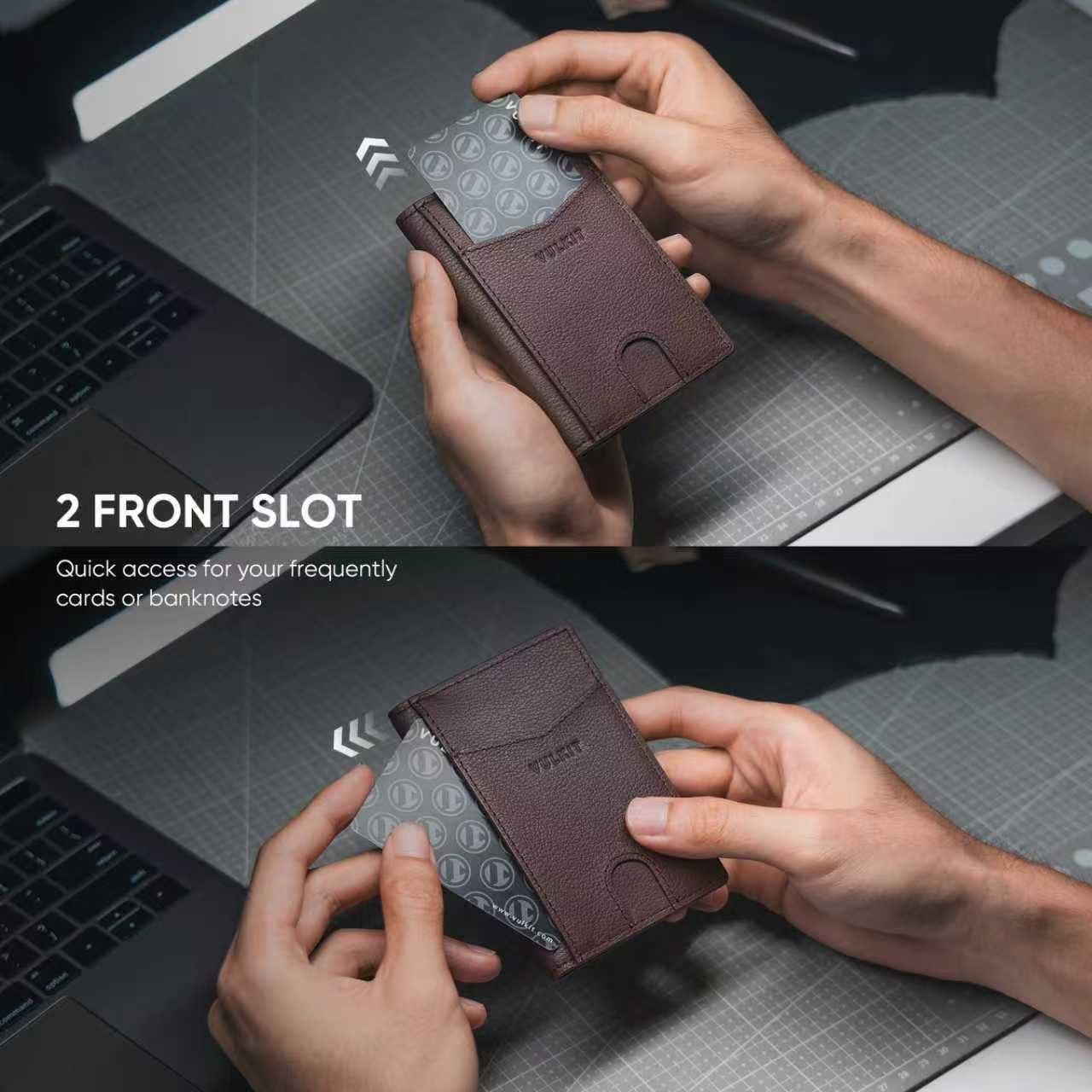 image:imageVULKIT Bifold Front Pocket Slim Wallet RFID Blocking Minimalist Thin Genuine Leather Credit Card Holder Wallet for Men and Women Litchi BlueGenuine Leather Litchi Espresso