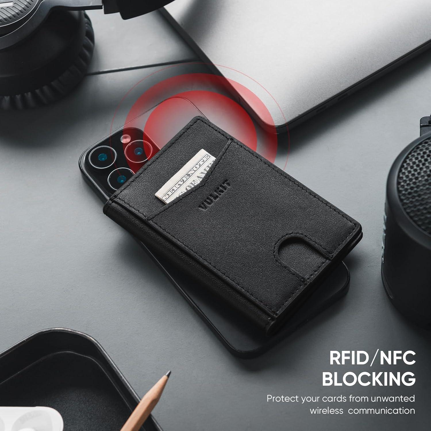 image:imageVULKIT Bifold Front Pocket Slim Wallet RFID Blocking Minimalist Thin Genuine Leather Credit Card Holder Wallet for Men and Women Litchi BlueGenuine Leather Nappa Black