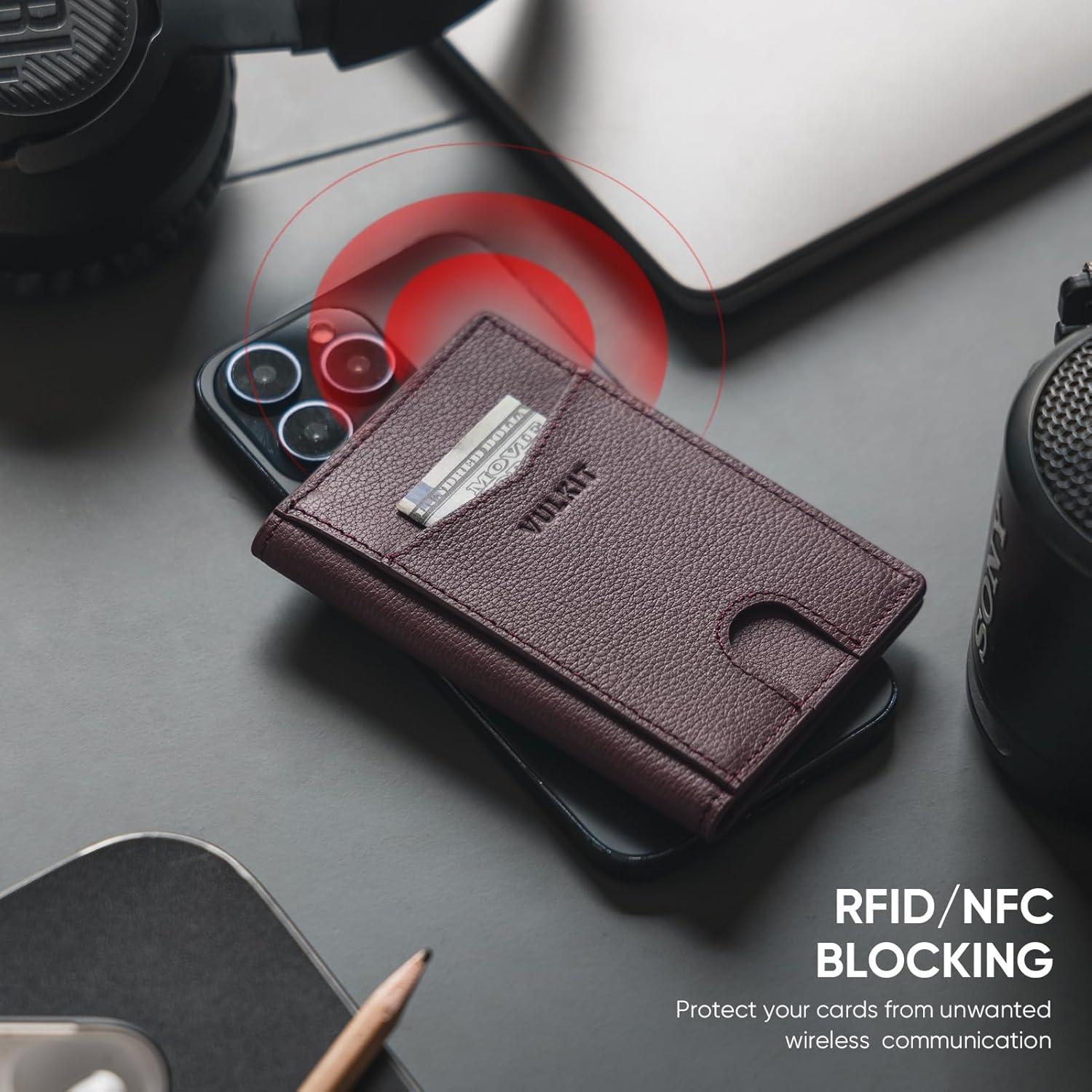 image:imageVULKIT Bifold Front Pocket Slim Wallet RFID Blocking Minimalist Thin Genuine Leather Credit Card Holder Wallet for Men and Women Litchi BlueGenuine Leather Litchi Espresso