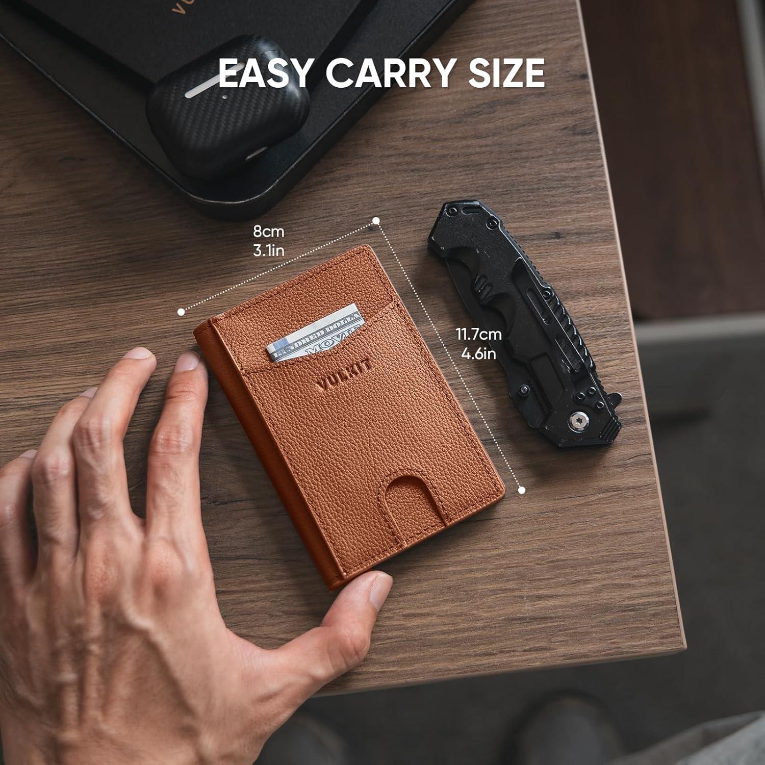 image:imageVULKIT Bifold Front Pocket Slim Wallet RFID Blocking Minimalist Thin Genuine Leather Credit Card Holder Wallet for Men and Women Litchi BlueGenuine Leather Litchi Brown