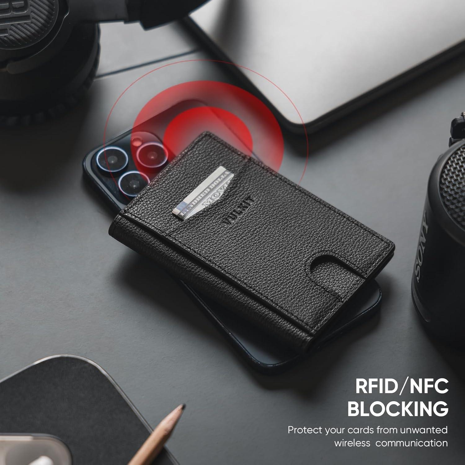 image:imageVULKIT Bifold Front Pocket Slim Wallet RFID Blocking Minimalist Thin Genuine Leather Credit Card Holder Wallet for Men and Women Litchi BlueGenuine Leather Litchi Black