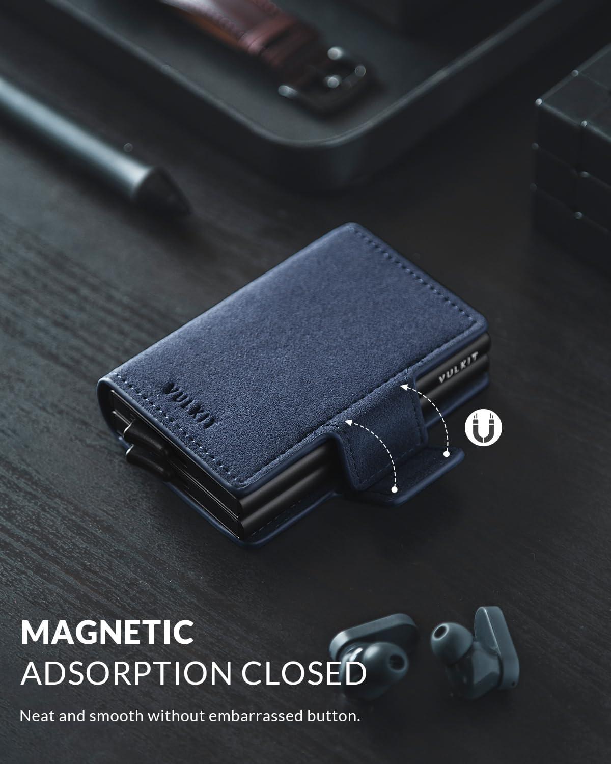 image:imageVULKIT Credit Card Holder RFID Blocking Leather Automatic Pop Up Wallet Magnetic Wallet Double Card Case for Men and WomenAlcantara Navy