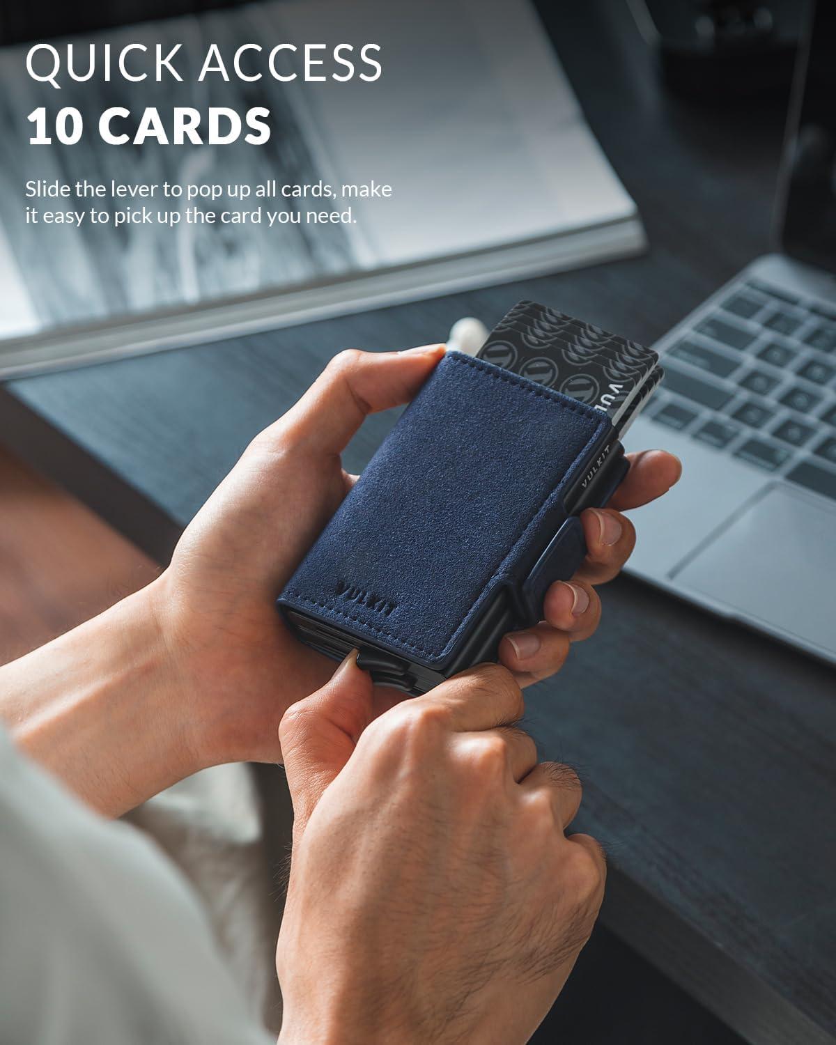 image:imageVULKIT Credit Card Holder RFID Blocking Leather Automatic Pop Up Wallet Magnetic Wallet Double Card Case for Men and WomenAlcantara Navy