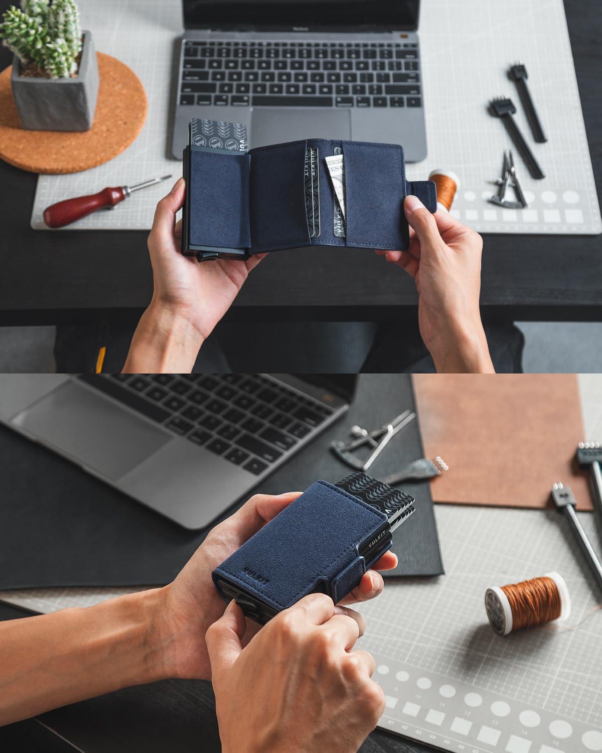 image:imageVULKIT Credit Card Holder RFID Blocking Leather Automatic Pop Up Wallet Magnetic Wallet Double Card Case for Men and WomenAlcantara Navy