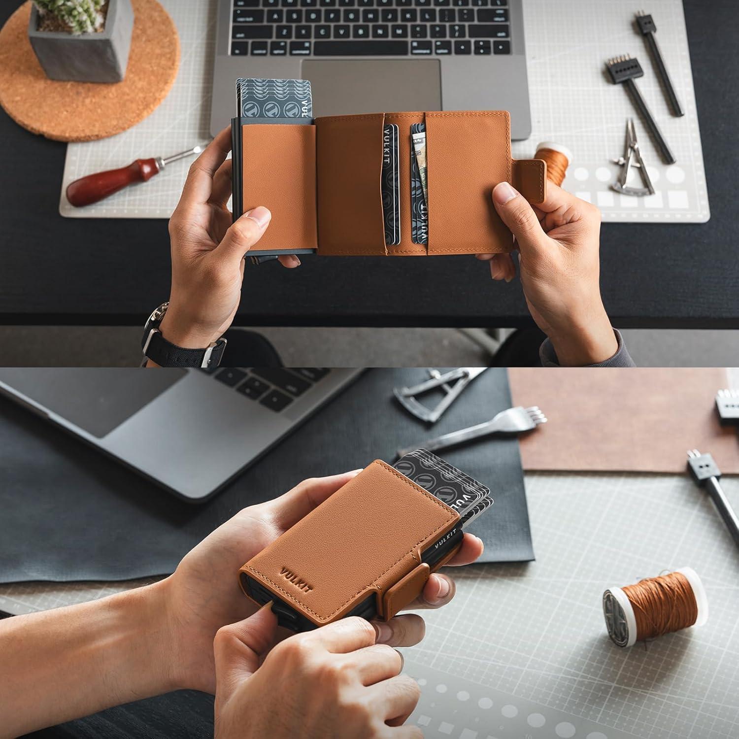 image:imageVULKIT Credit Card Holder RFID Blocking Leather Automatic Pop Up Wallet Magnetic Wallet Double Card Case for Men and WomenGenuine Leather Nappa Brown
