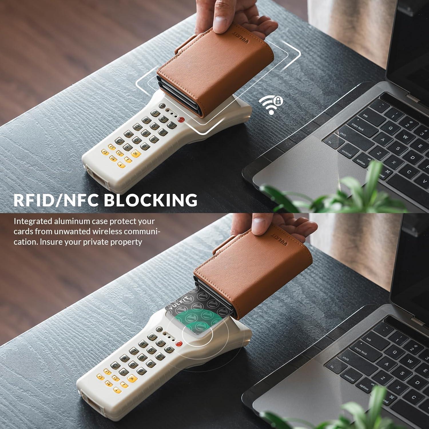 image:imageVULKIT Credit Card Holder RFID Blocking Leather Automatic Pop Up Wallet Magnetic Wallet Double Card Case for Men and WomenGenuine Leather Nappa Brown