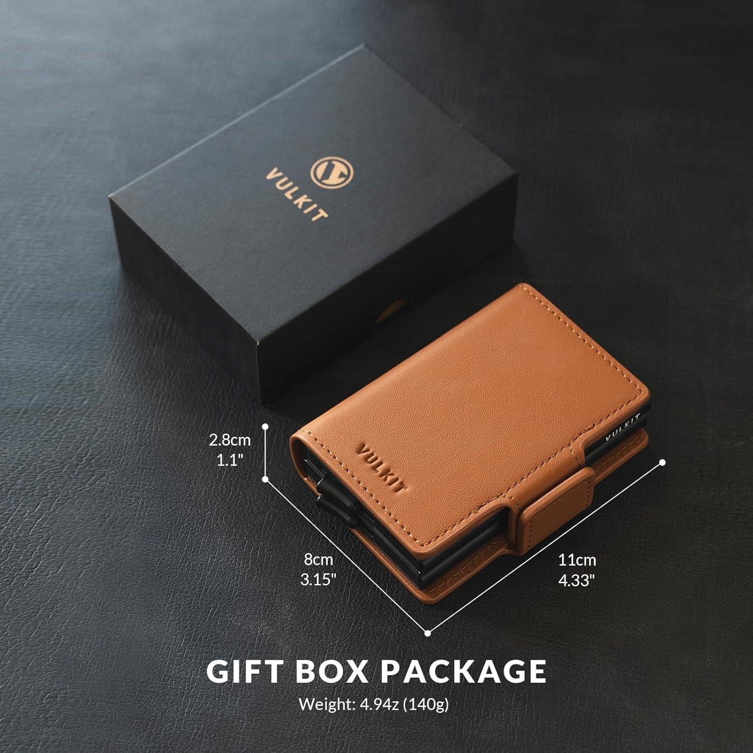image:imageVULKIT Credit Card Holder RFID Blocking Leather Automatic Pop Up Wallet Magnetic Wallet Double Card Case for Men and WomenGenuine Leather Nappa Brown
