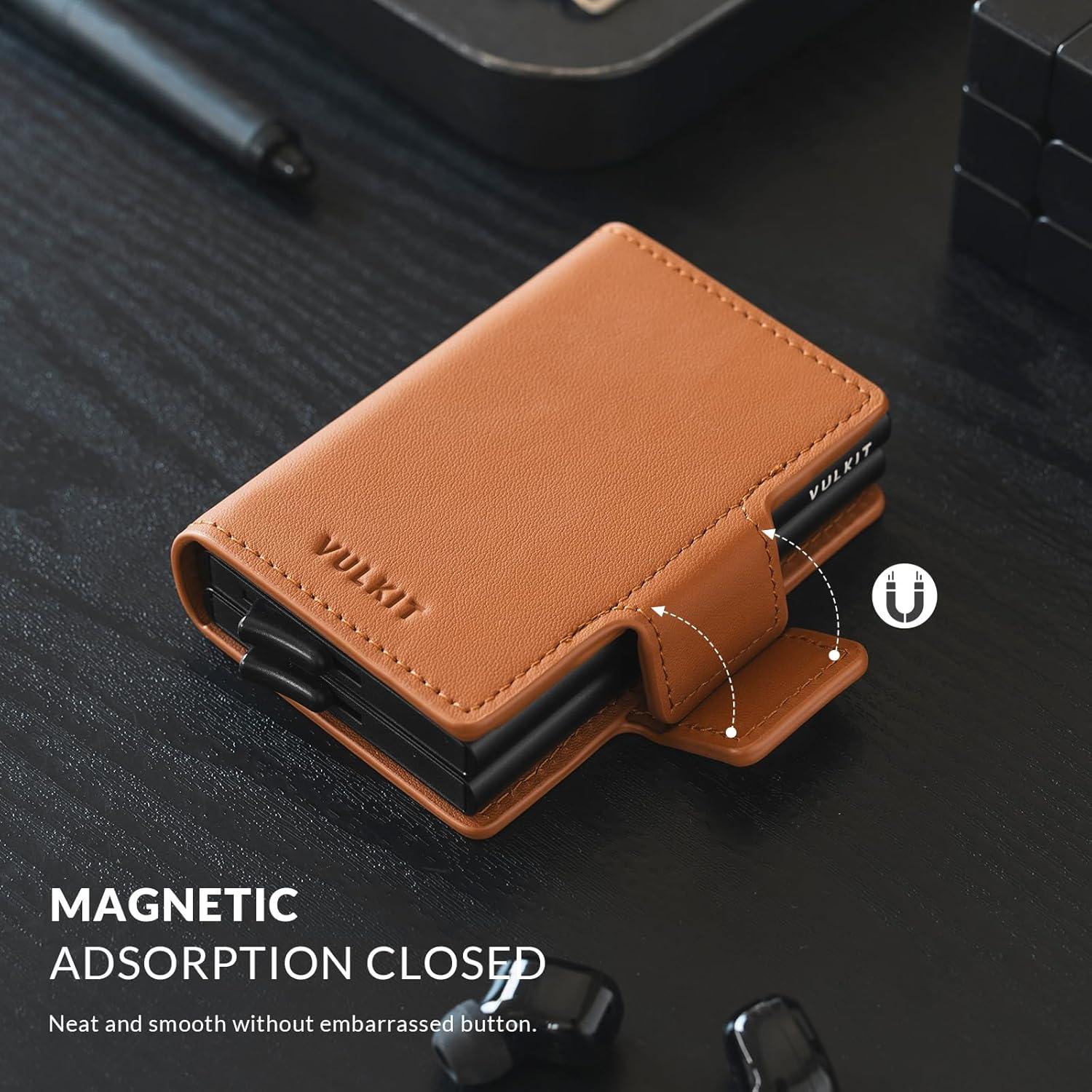 image:imageVULKIT Credit Card Holder RFID Blocking Leather Automatic Pop Up Wallet Magnetic Wallet Double Card Case for Men and WomenGenuine Leather Nappa Brown