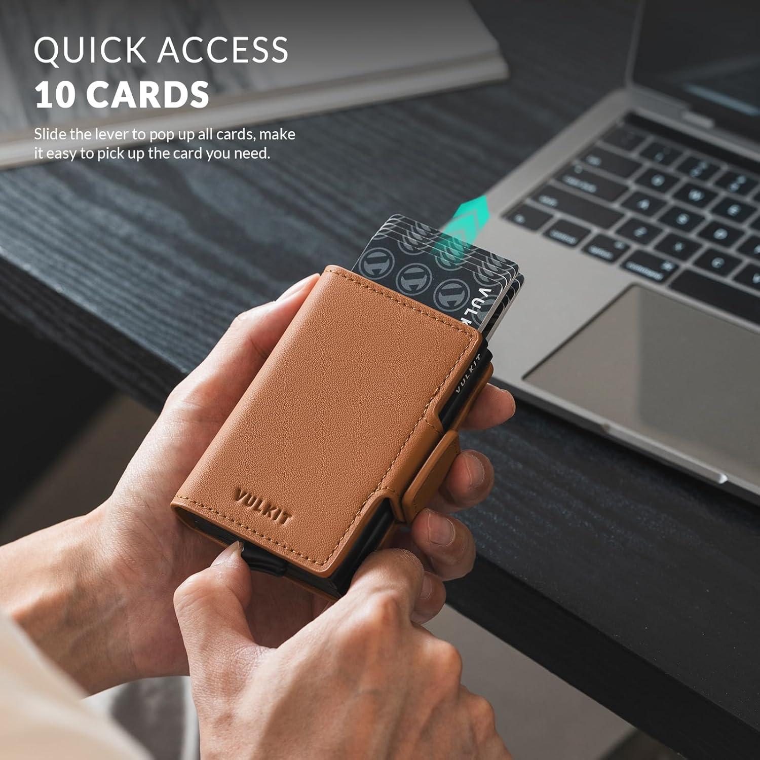image:imageVULKIT Credit Card Holder RFID Blocking Leather Automatic Pop Up Wallet Magnetic Wallet Double Card Case for Men and WomenGenuine Leather Nappa Brown