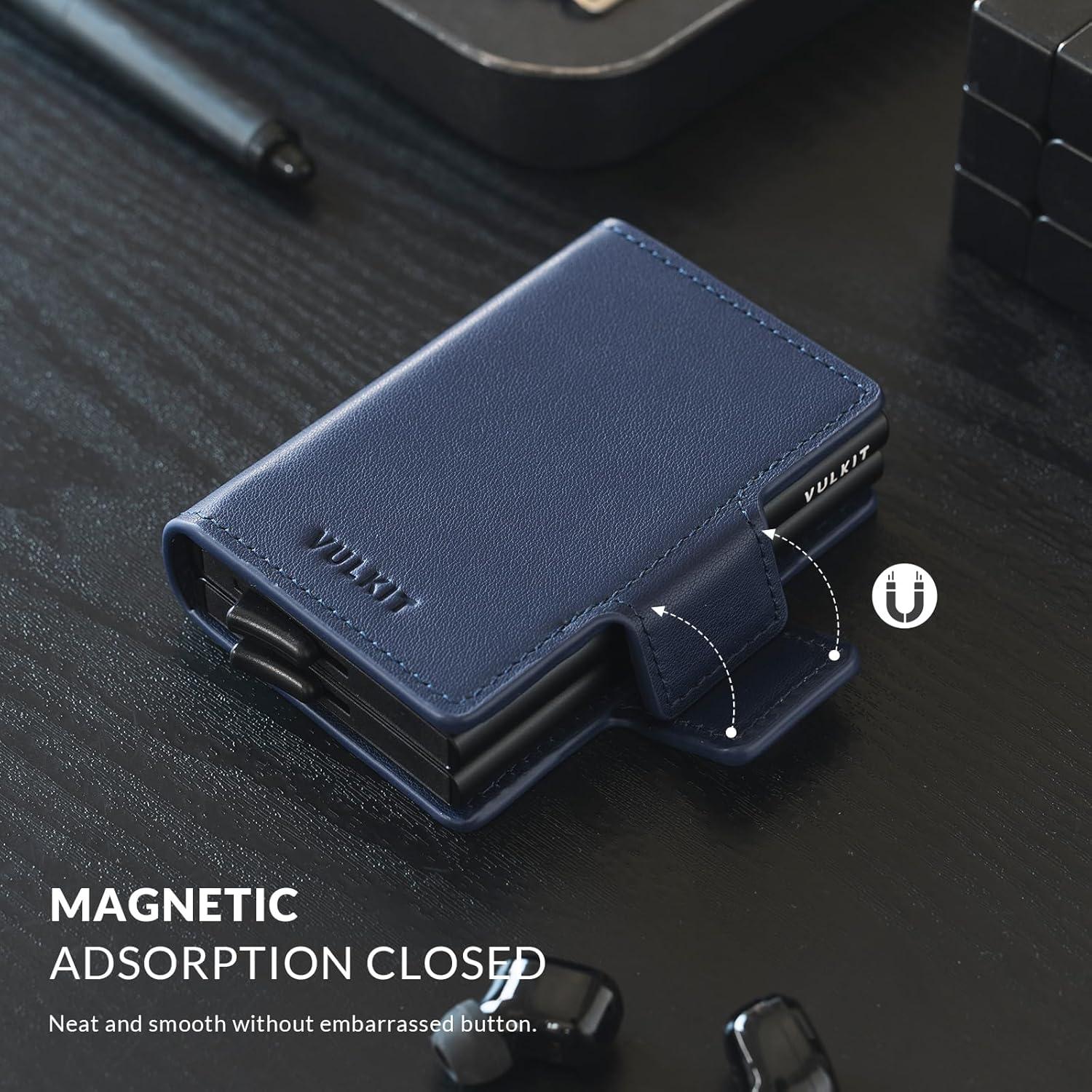 image:imageVULKIT Credit Card Holder RFID Blocking Leather Automatic Pop Up Wallet Magnetic Wallet Double Card Case for Men and WomenGenuine Leather Nappa Navy