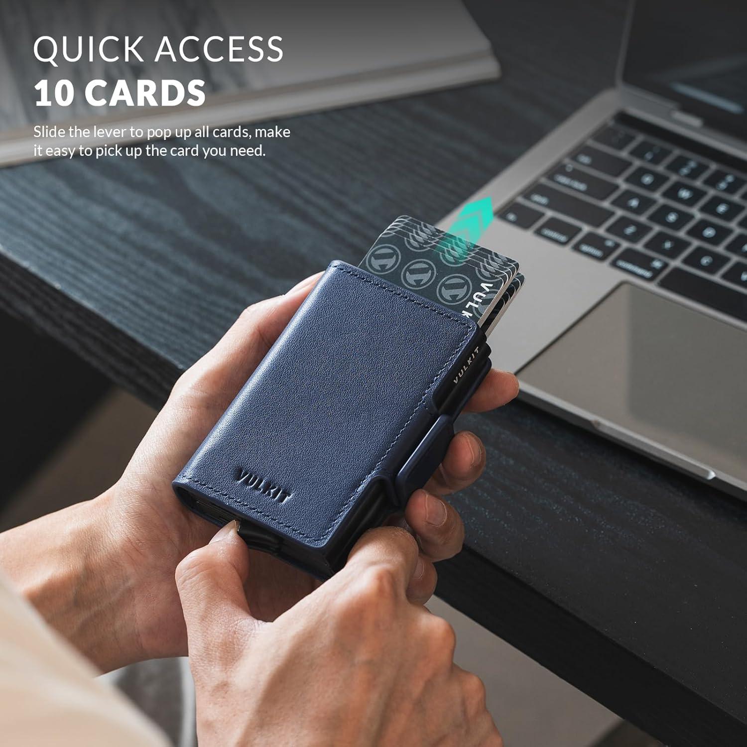 image:imageVULKIT Credit Card Holder RFID Blocking Leather Automatic Pop Up Wallet Magnetic Wallet Double Card Case for Men and WomenGenuine Leather Nappa Navy