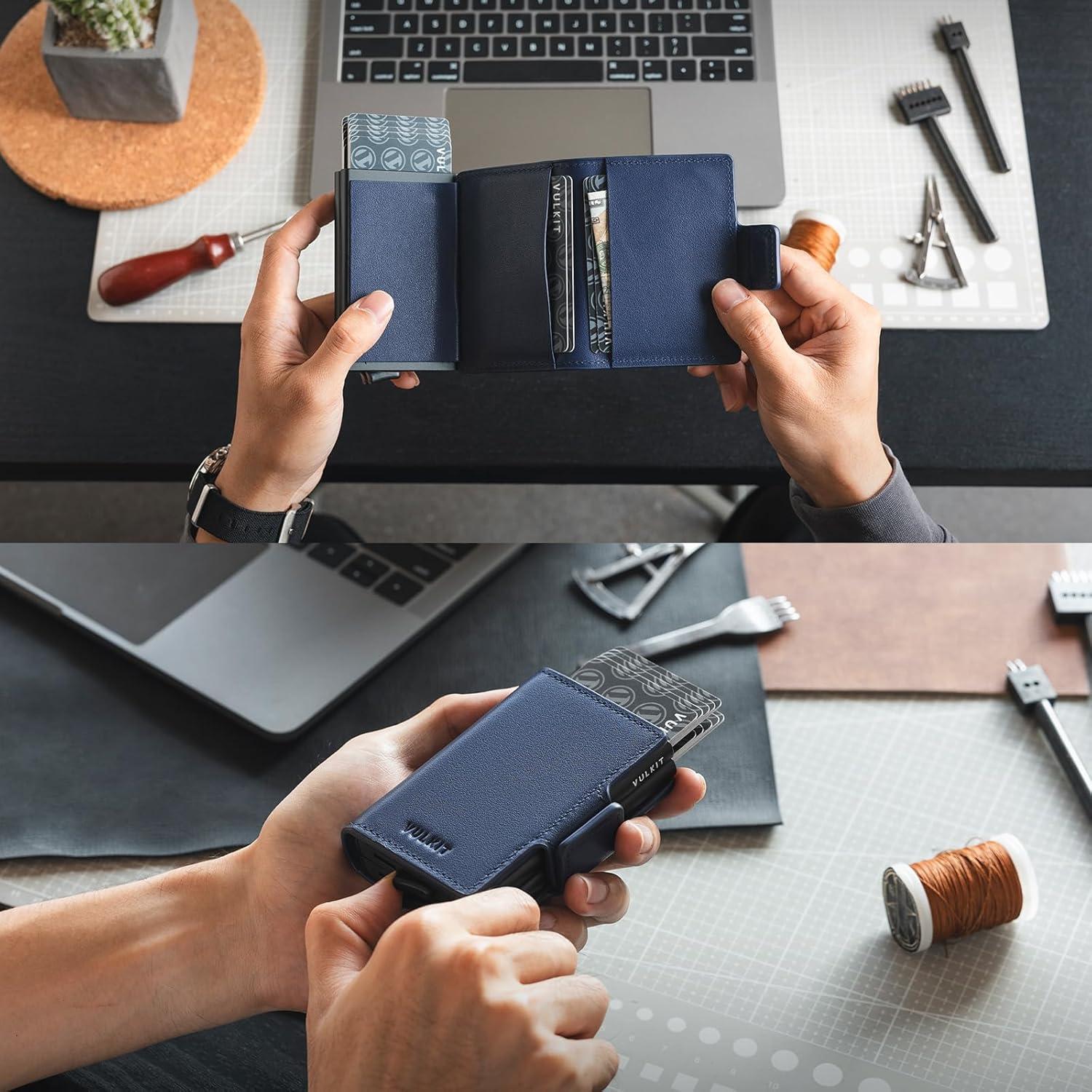 image:imageVULKIT Credit Card Holder RFID Blocking Leather Automatic Pop Up Wallet Magnetic Wallet Double Card Case for Men and WomenGenuine Leather Nappa Navy