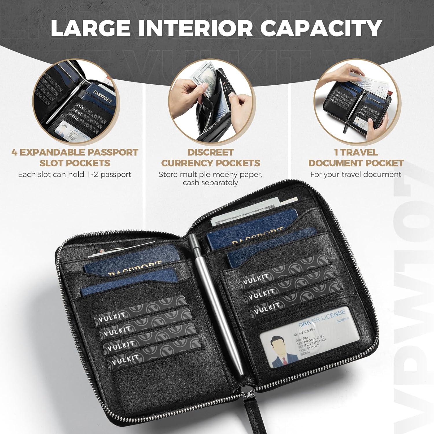 image:imageVULKIT Leather Passport Holder for 48 Passports Family Passport Wallet with Zipper Travel Documents Organizer for Men or WomenEspressoBlack