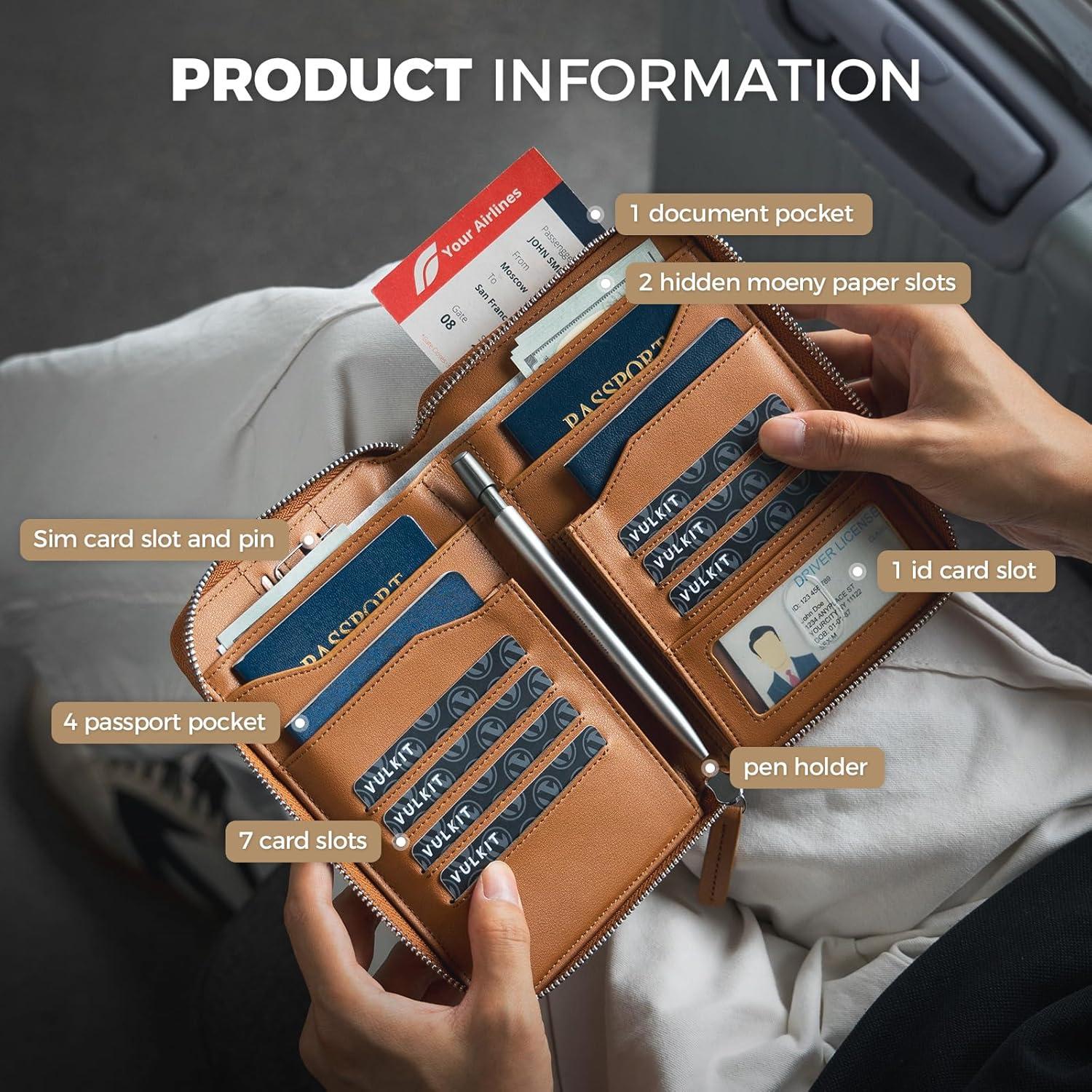 image:imageVULKIT Leather Passport Holder for 48 Passports Family Passport Wallet with Zipper Travel Documents Organizer for Men or WomenEspressoBrown
