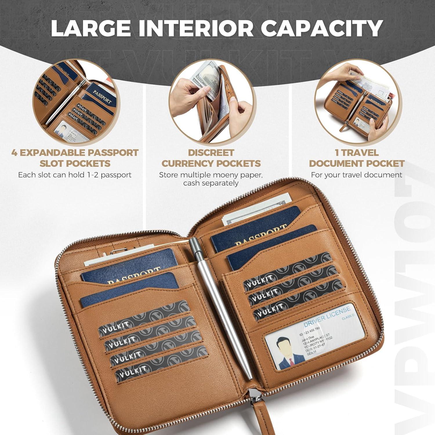image:imageVULKIT Leather Passport Holder for 48 Passports Family Passport Wallet with Zipper Travel Documents Organizer for Men or WomenEspressoBrown
