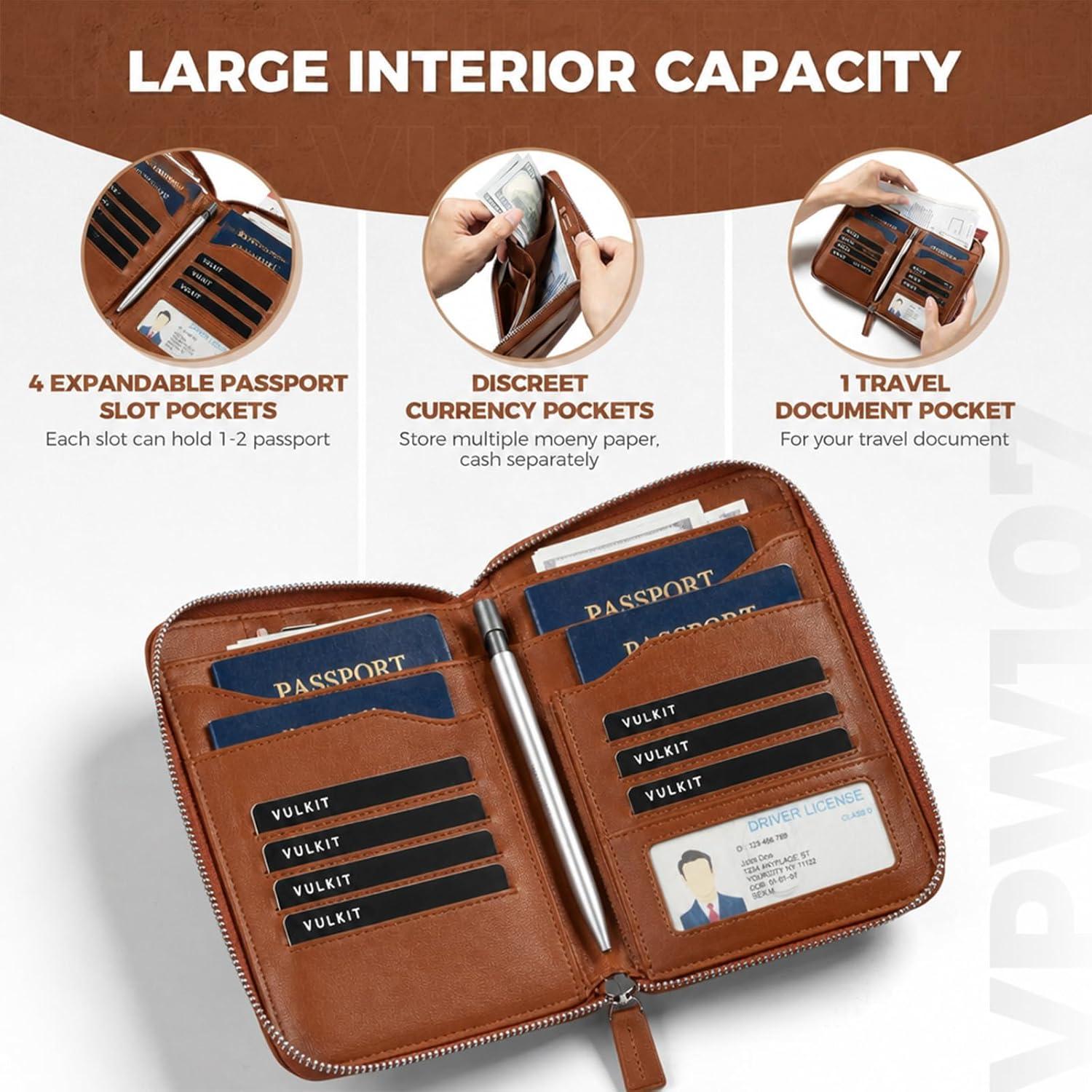 image:imageVULKIT Leather Passport Holder for 48 Passports Family Passport Wallet with Zipper Travel Documents Organizer for Men or WomenEspressoEspresso