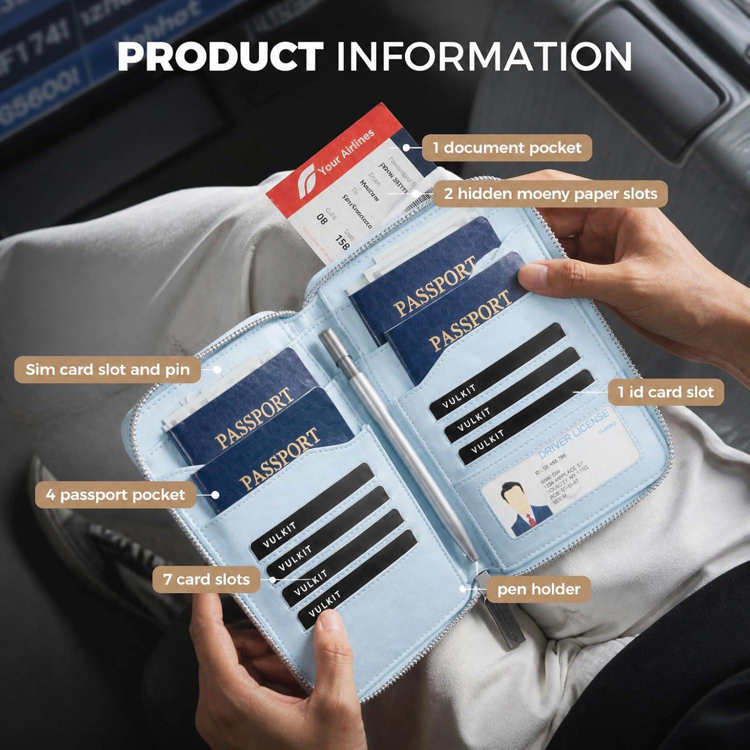 image:imageVULKIT Leather Passport Holder for 48 Passports Family Passport Wallet with Zipper Travel Documents Organizer for Men or WomenEspressoLight Blue