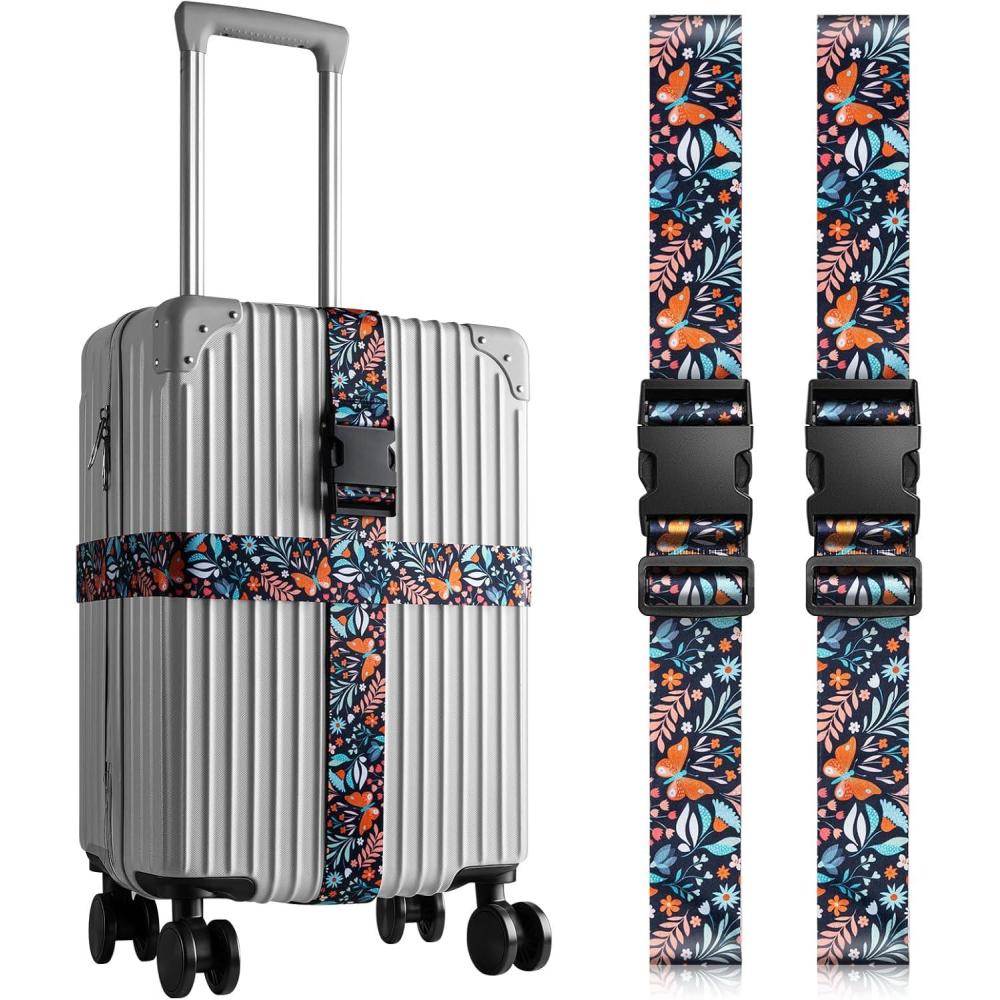 image:imageVULKIT 2 Pack Adjustable Luggage Straps Heavy Duty Belts for Secure Luggage amp Easy Identification Travel Accessories Blue MarbleButterfly