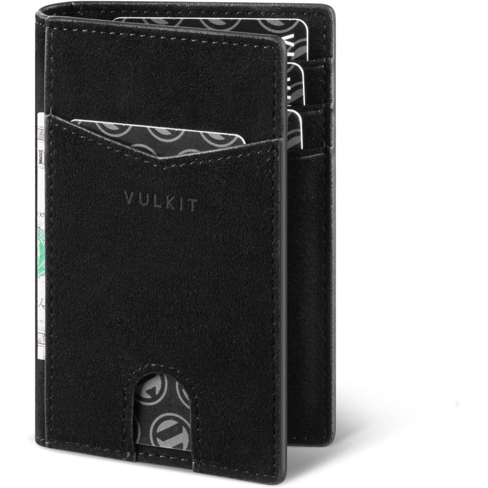 image:imageVULKIT Bifold Front Pocket Slim Wallet RFID Blocking Minimalist Thin Genuine Leather Credit Card Holder Wallet for Men and Women Litchi BlueAlcantara Black