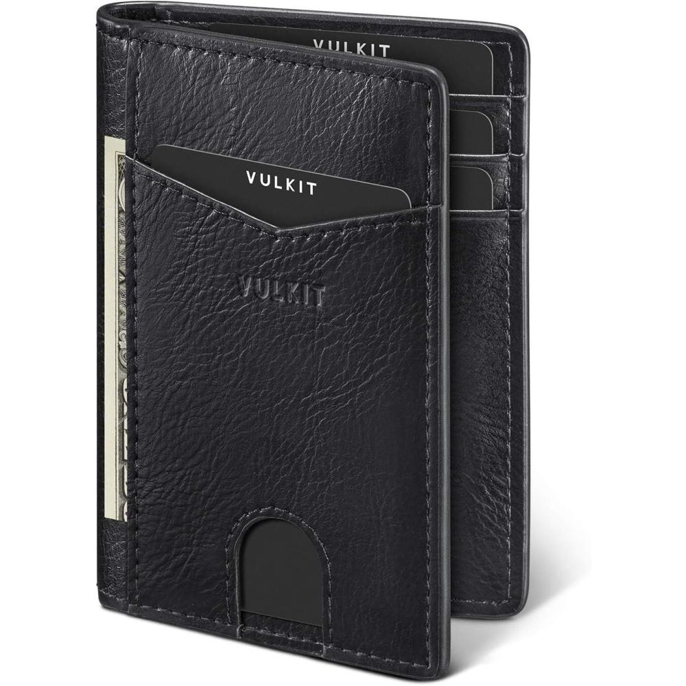 image:imageVULKIT Bifold Front Pocket Slim Wallet RFID Blocking Minimalist Thin Genuine Leather Credit Card Holder Wallet for Men and Women Litchi BlueBlack