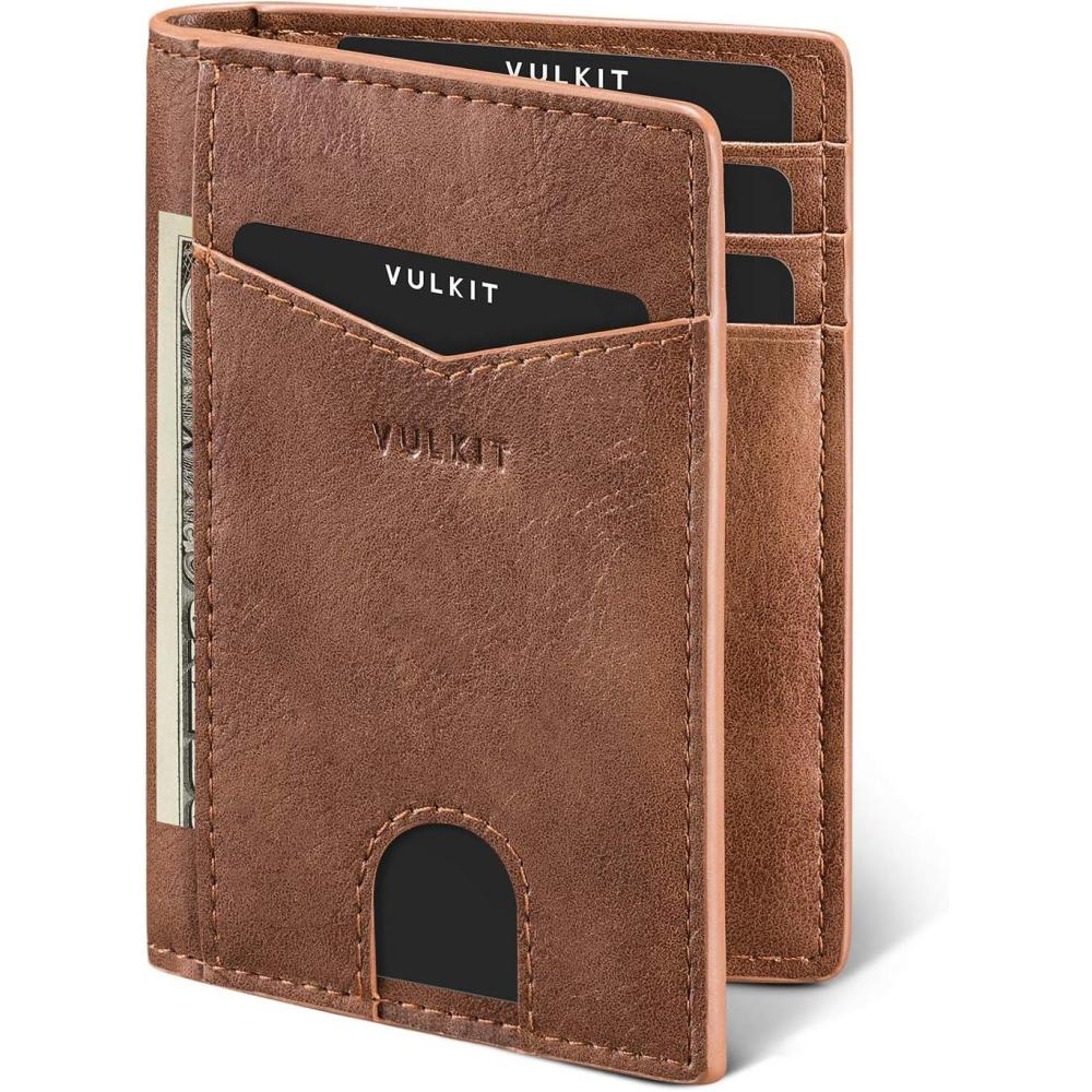 image:imageVULKIT Bifold Front Pocket Slim Wallet RFID Blocking Minimalist Thin Genuine Leather Credit Card Holder Wallet for Men and Women Litchi BlueBrown