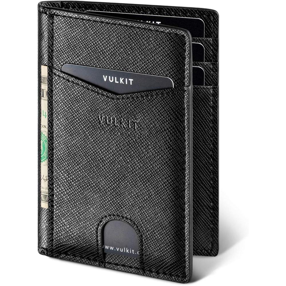 image:imageVULKIT Bifold Front Pocket Slim Wallet RFID Blocking Minimalist Thin Genuine Leather Credit Card Holder Wallet for Men and Women Litchi BlueCross Black