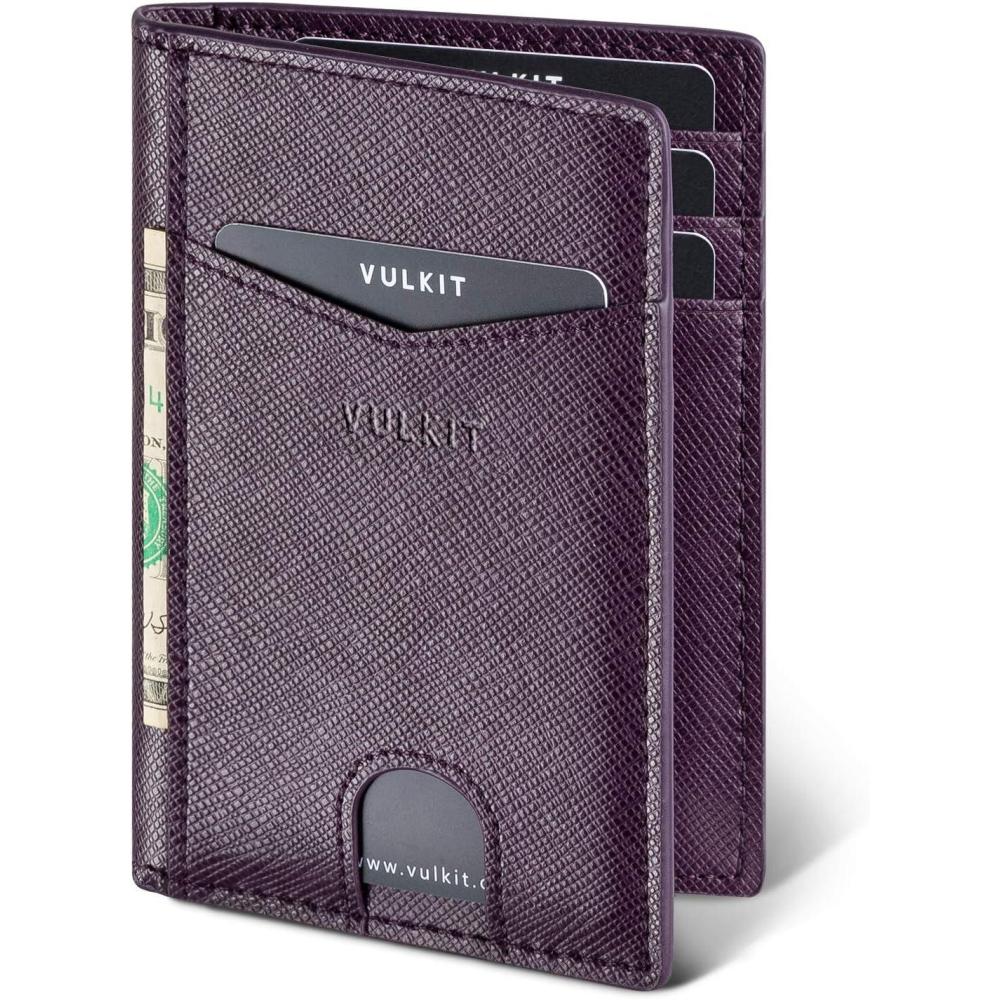 image:imageVULKIT Bifold Front Pocket Slim Wallet RFID Blocking Minimalist Thin Genuine Leather Credit Card Holder Wallet for Men and Women Litchi BlueCross Wine