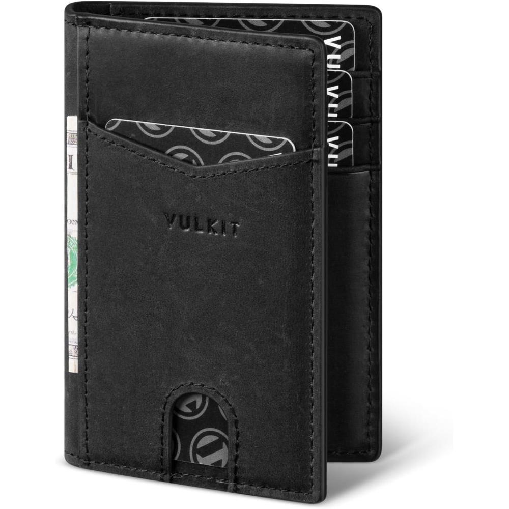 image:imageVULKIT Bifold Front Pocket Slim Wallet RFID Blocking Minimalist Thin Genuine Leather Credit Card Holder Wallet for Men and Women Litchi BlueGenuine Black