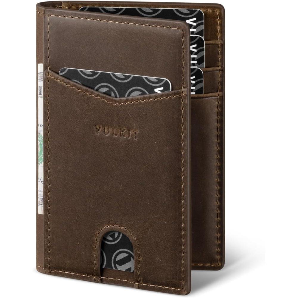 image:imageVULKIT Bifold Front Pocket Slim Wallet RFID Blocking Minimalist Thin Genuine Leather Credit Card Holder Wallet for Men and Women Litchi BlueGenuine Dark Brown