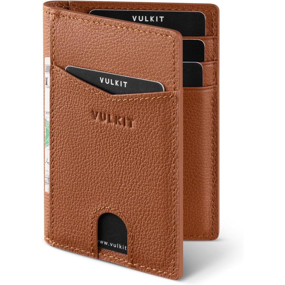 image:imageVULKIT Bifold Front Pocket Slim Wallet RFID Blocking Minimalist Thin Genuine Leather Credit Card Holder Wallet for Men and Women Litchi BlueGenuine Leather Litchi Brown