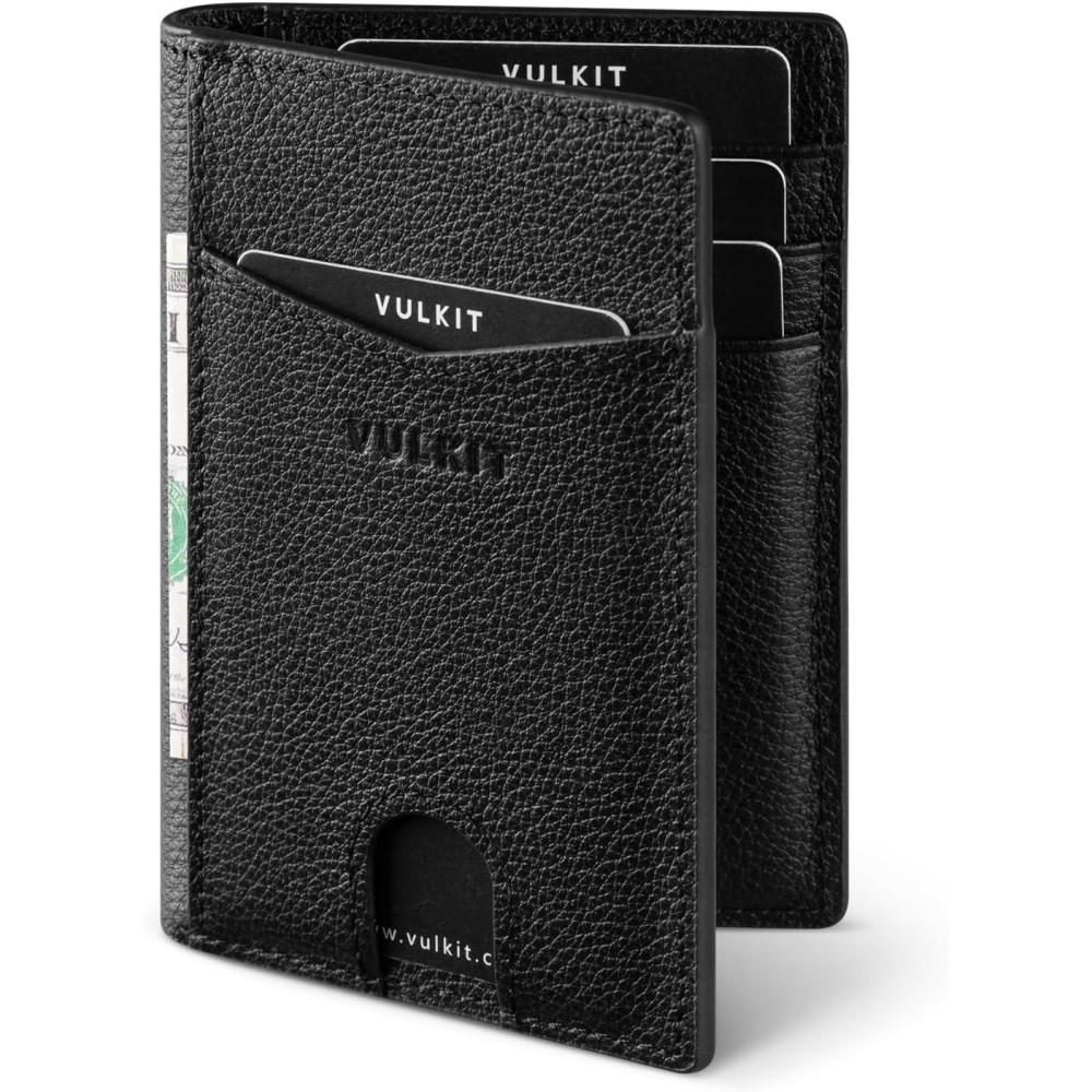 image:imageVULKIT Bifold Front Pocket Slim Wallet RFID Blocking Minimalist Thin Genuine Leather Credit Card Holder Wallet for Men and Women Litchi BlueGenuine Leather Litchi Black
