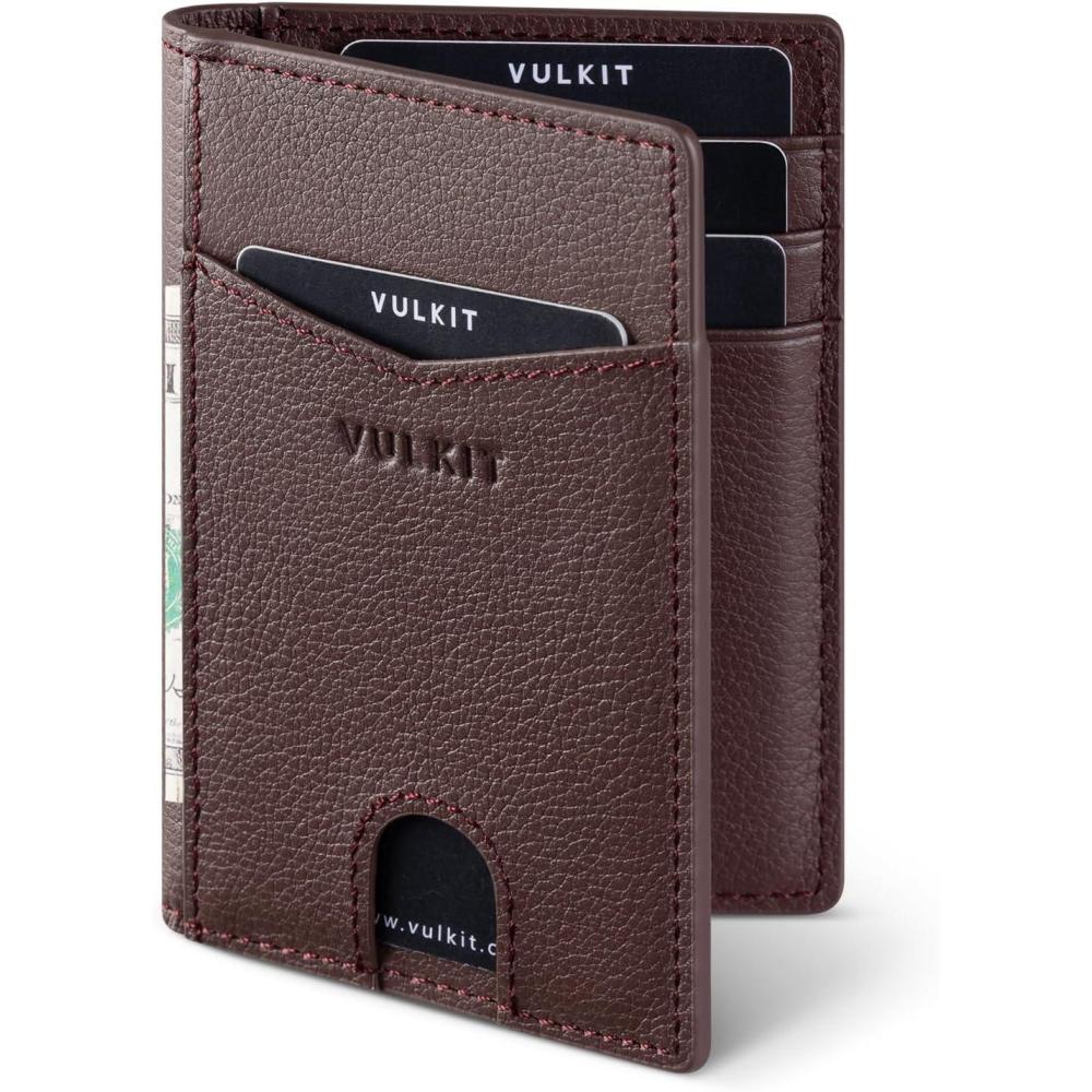 image:imageVULKIT Bifold Front Pocket Slim Wallet RFID Blocking Minimalist Thin Genuine Leather Credit Card Holder Wallet for Men and Women Litchi BlueGenuine Leather Litchi Espresso