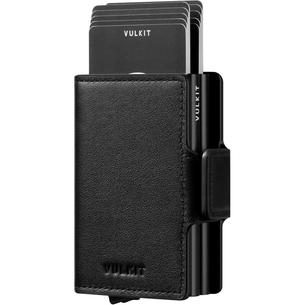image:imageVULKIT Credit Card Holder RFID Blocking Leather Automatic Pop Up Wallet Magnetic Wallet Double Card Case for Men and WomenGenuine Leather Nappa Black