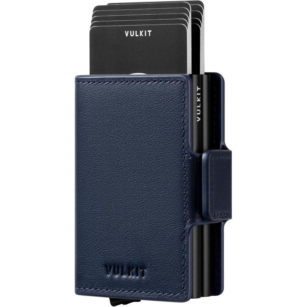 image:imageVULKIT Credit Card Holder RFID Blocking Leather Automatic Pop Up Wallet Magnetic Wallet Double Card Case for Men and WomenGenuine Leather Nappa Navy