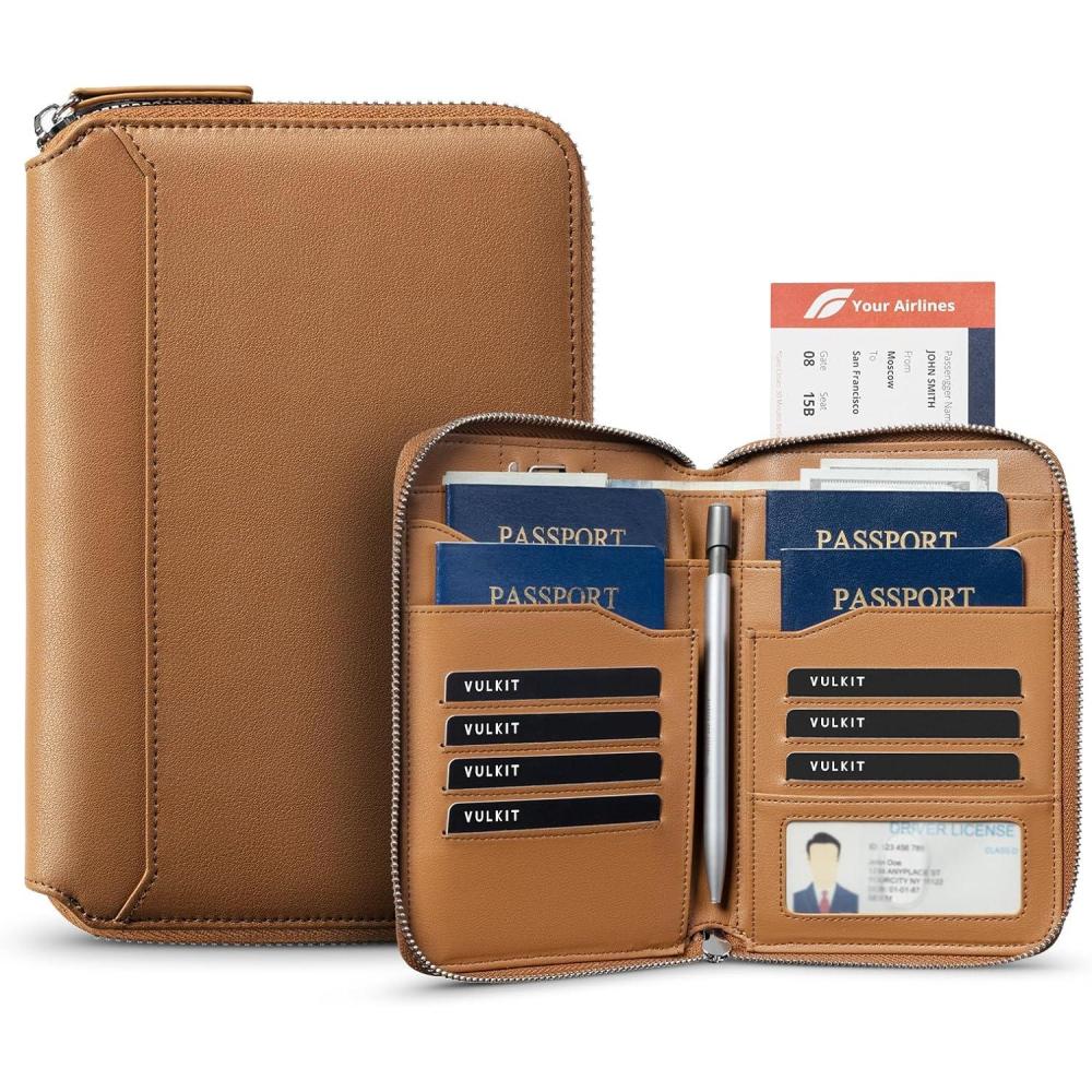 image:imageVULKIT Leather Passport Holder for 48 Passports Family Passport Wallet with Zipper Travel Documents Organizer for Men or WomenEspressoBrown