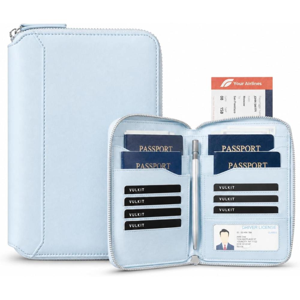 image:imageVULKIT Leather Passport Holder for 48 Passports Family Passport Wallet with Zipper Travel Documents Organizer for Men or WomenEspressoLight Blue
