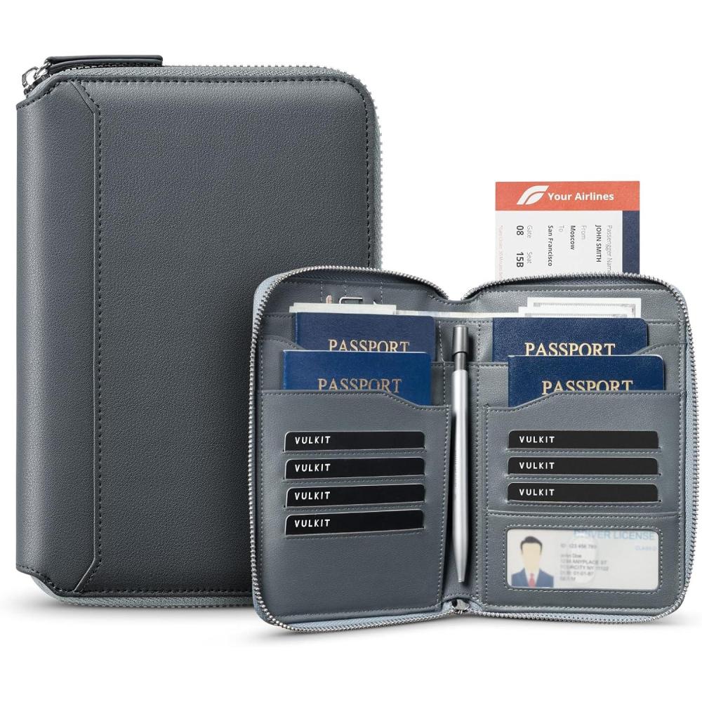image:imageVULKIT Leather Passport Holder for 48 Passports Family Passport Wallet with Zipper Travel Documents Organizer for Men or WomenEspressoNavy