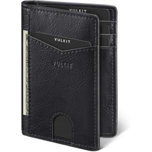 VULKIT Bifold Front Pocket Slim Wallet RFID Blocking Minimalist Thin Genuine Leather Credit Card Holder Wallet for Men and Women Litchi Blue(Black)