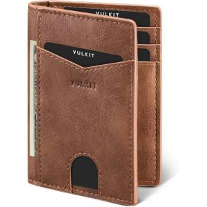 VULKIT Bifold Front Pocket Slim Wallet RFID Blocking Minimalist Thin Genuine Leather Credit Card Holder Wallet for Men and Women Litchi Blue(Brown)