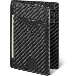 VULKIT Bifold Front Pocket Slim Wallet RFID Blocking Minimalist Thin Genuine Leather Credit Card Holder Wallet for Men and Women Litchi Blue(Carbon Fiber Black)