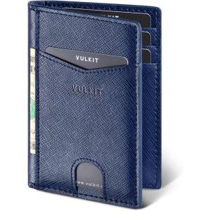 VULKIT Bifold Front Pocket Slim Wallet RFID Blocking Minimalist Thin Genuine Leather Credit Card Holder Wallet for Men and Women Litchi Blue(Cross Navy)