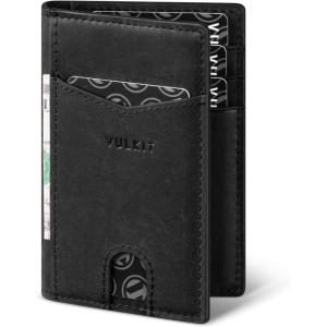 VULKIT Bifold Front Pocket Slim Wallet RFID Blocking Minimalist Thin Genuine Leather Credit Card Holder Wallet for Men and Women Litchi Blue(Genuine Black)