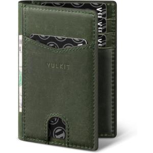 VULKIT Bifold Front Pocket Slim Wallet RFID Blocking Minimalist Thin Genuine Leather Credit Card Holder Wallet for Men and Women Litchi Blue(Genuine Green)