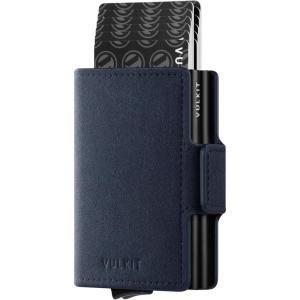 VULKIT Credit Card Holder RFID Blocking Leather Automatic Pop Up Wallet Magnetic Wallet Double Card Case for Men and Women(Alcantara Navy)