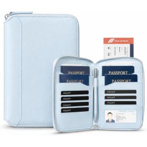 VULKIT Leather Passport Holder for 4-8 Passports Family Passport Wallet with Zipper Travel Documents Organizer for Men or Women(Espresso)(Light Blue)